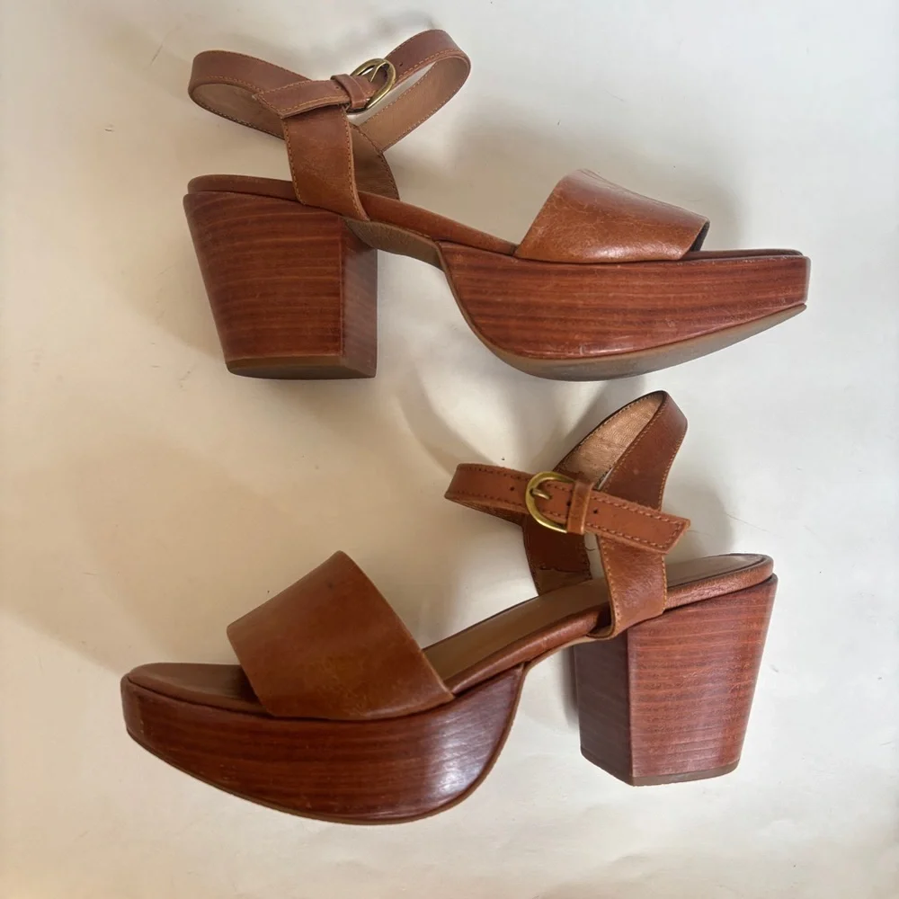 Fortress of Inca Hannah Sandals Tan Brown Block Heels Ankle Strap Leather 39 8.5